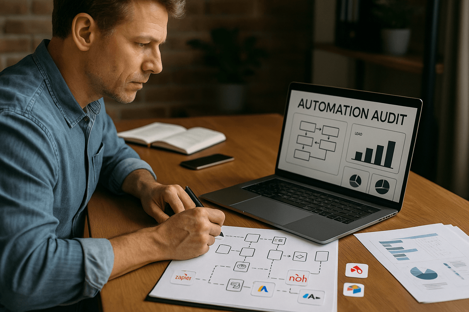Business automation audit process showing workflow analysis, tech stack review, and efficiency gap identification for process optimization