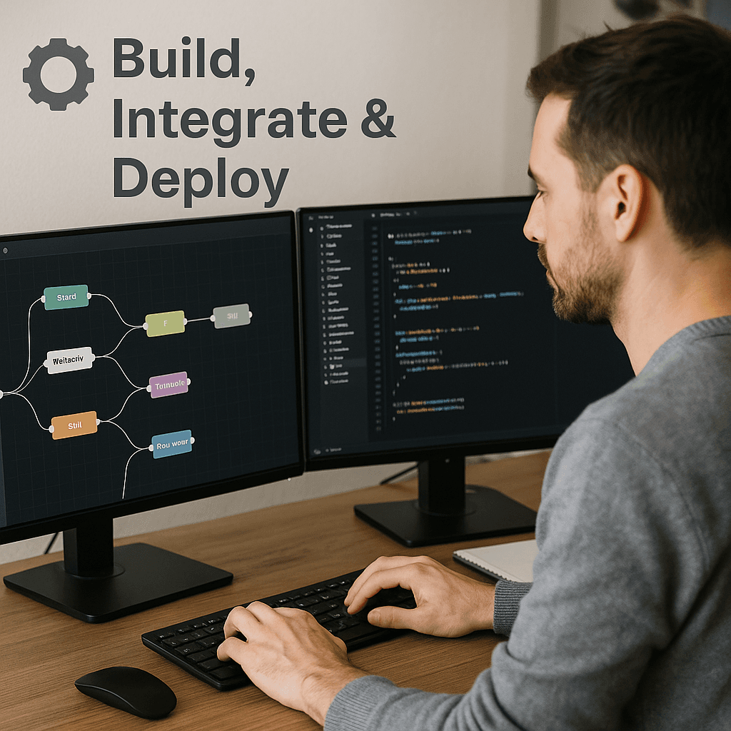Automation deployment process showing tool integration, custom workflow building, secure infrastructure setup, and testing validation