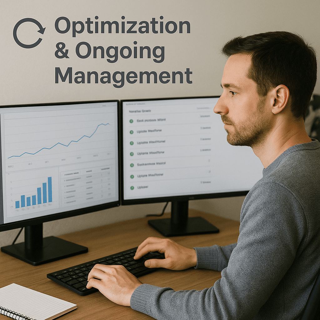 Ongoing automation optimization and management dashboard showing performance monitoring, health checks, and continuous workflow improvements
